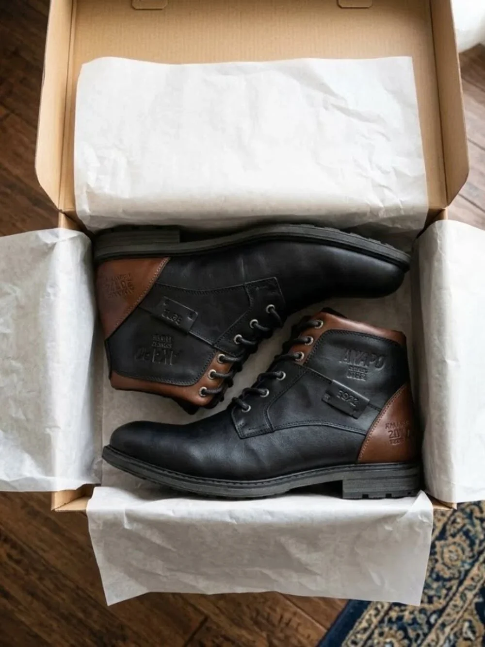 Men's Black Leather Oxford Boots Lace-Up Side Zipper Casual